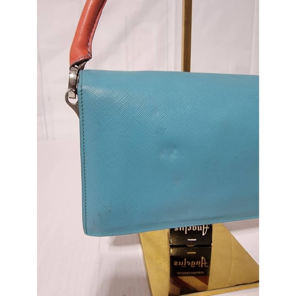 Authentic Prada Saffiano Sound Lock Pochette Shoulder Bag Orange/Blue - Picture 16 of 16